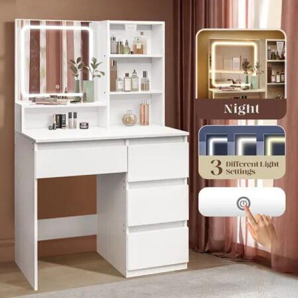 Makeup Vanity Table Dressing Desk White Dresser Modern Bedroom Furniture with Mirror LED Light Strip 4 Drawers 3 Compartments 3 Lighting Colours