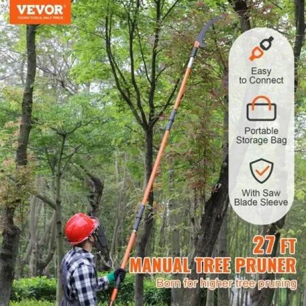 Manual Pole Saw, 2.24 m-8.24 m Extendable Tree Pruner, Sharp Steel Blade High Branches Trimming, Manual Branch Trimmer with Lightweight 8 Fiberglass Handles, for Pruning Palms and Shrubs