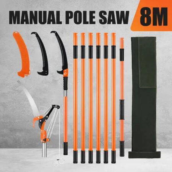 Manual Pole Saw Tree Pruner 8M Extendable High Branch Trimmer Cutter Pruning Trimming Handsaw Sharp Steel Blades Shearing Scissors Fibreglass Rods