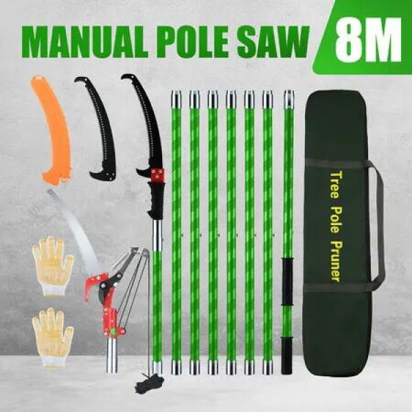 Manual Pole Saw Tree Pruner Extendable High Branch Pruning Trimming Trimmer Cutter 8 Fibreglass Rods Sharp Steel Blades Scissors Shearing Garden Tool