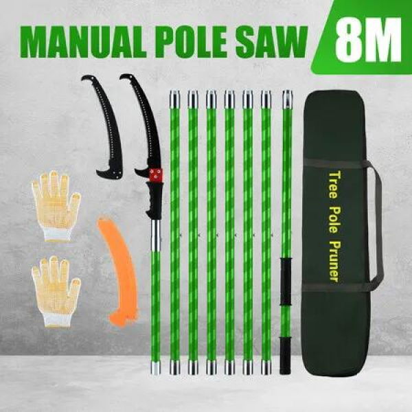 Manual Pole Saw Tree Pruner Extendable Pruning High Branch Trimmer Cutter 8M Trimming Long Handsaw Sharp Steel Blades Shearing Fibreglass Rods Tools