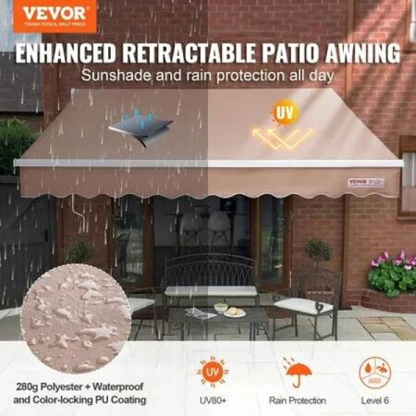 Manual Retractable Awning, 2.44 x 2.13m Outdoor Patio Awning Retractable Sun Shade, Water-Resistant Polyester Patio Door Window Awning Sunshade Shelter with Crank Handle for Backyard, Balcony