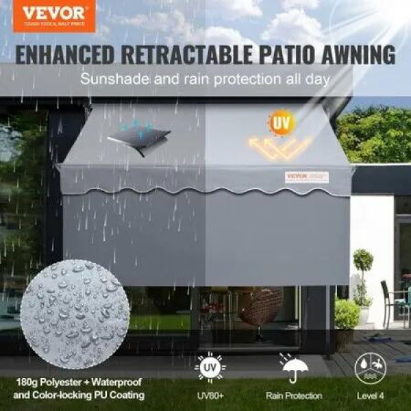 Manual Retractable Awning, 3m Outdoor Retractable Patio Awning Sunshade Shelter, Adjustable Patio Door Window Awning Canopy with 39' Sun Shade Curtain for Backyard, Garden, Balcony