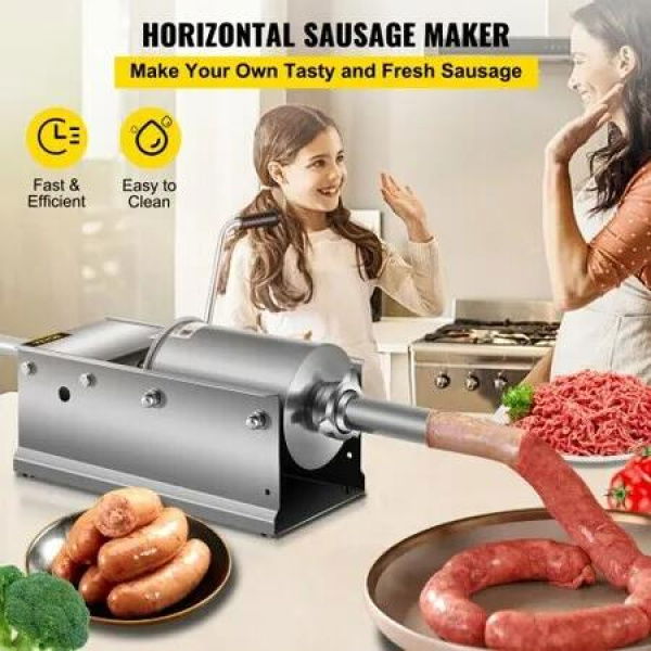 Manual Sausage Stuffer 3 L / 7 LBS Horizontal Sausage Machine Dual-Speed Meat Stuffer Made of Food-Grade 304 Stainless Steel Includes 5 Stuffing Tubes