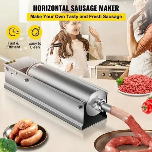 Manual Sausage Stuffer 7 L / 15 LBS Horizontal Sausage Machine Dual-Speed Meat Stuffer Made of Food-Grade 304 Stainless Steel Includes 5 Stuffing Tubes