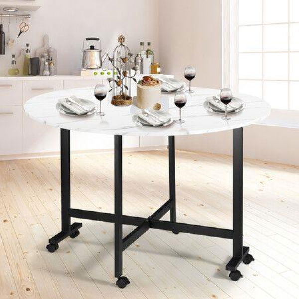 Marble Dining Table Foldable Wood Drop Leaf Multifunctional Desk Wheels Metal Legs White