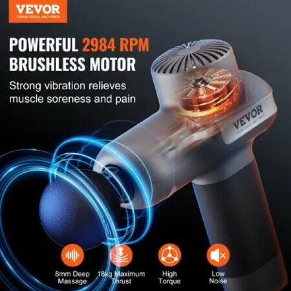 Massage Gun Deep Tissue Percussion Muscle Massager for Athletes with 5 Speed Levels & 6 Massage Heads 7.4V 2500mAh Batteries Handheld Electric Massage Gun