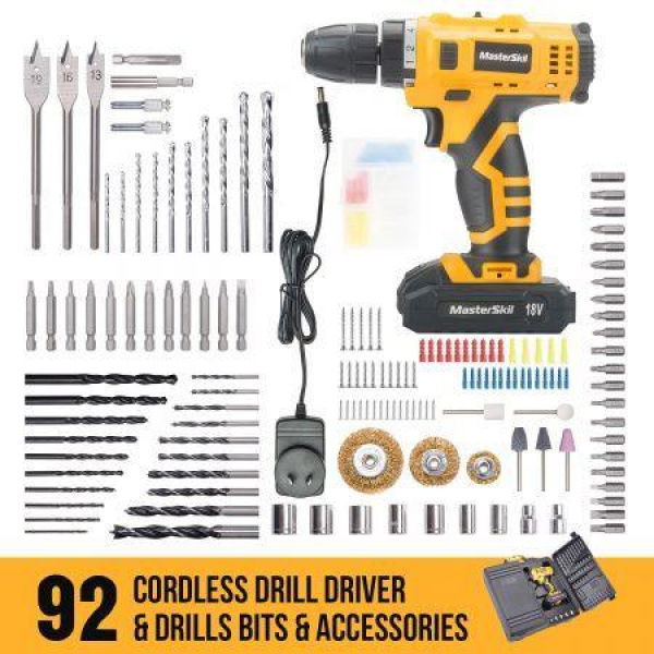 MasterSpec 92 PC Cordless Hammer Drill 18V Power Tool Kit Screw Flap Bits