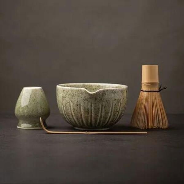 Matcha Set,Match Bowl with Spout and Whisk,15 OZ,Matcha Scoop,Matcha Whisk Stand (Chasen Holder) - 4pc Perfect Matcha Kit for Matcha Tea Ceremony (Mottled)