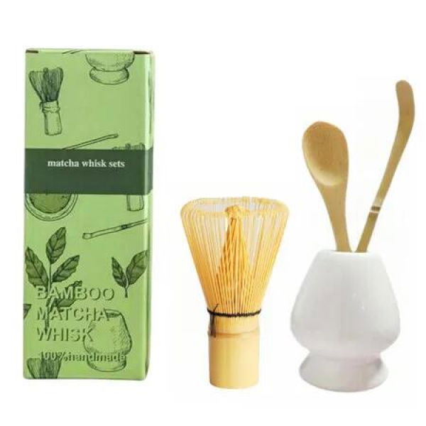 Matcha Whisk Set, 4 Pcs Traditional Starter Matcha Set with Matcha Whisk (Chasen), Kiln White Whisk Holder Traditional Scoop Tea Spoon