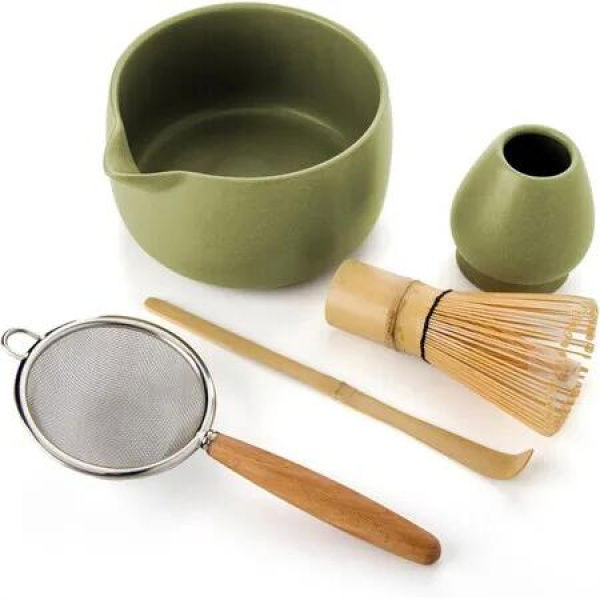 Matcha Whisk Set, 5PCS Japanese Tea Set Includes Matcha Bowl with Spout, Bamboo Whisk with Ceramic Holder, Bamboo Scoop and Sifter, Matcha Kit
