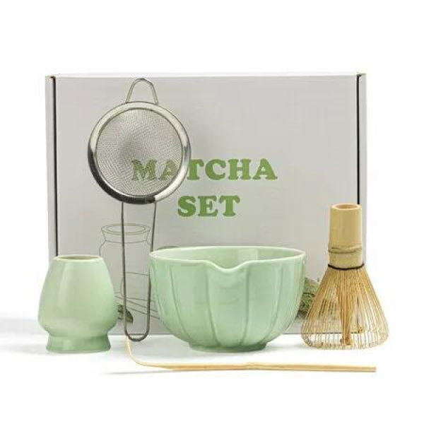 Matcha Whisk Set,Matcha Bowl with Spout,Matcha Whisk, Chasen Holder,Sifter,Bamboo Scoop 5 Pcs Perfect Matcha Making Kit