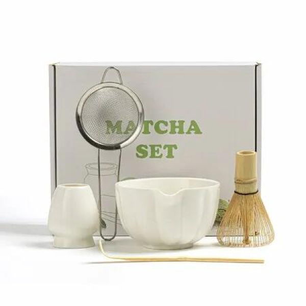 Matcha Whisk Set,Matcha Bowl with Spout,Matcha Whisk, Chasen Holder,Sifter,Bamboo Scoop 5 Pcs Perfect Matcha Making Kit,White