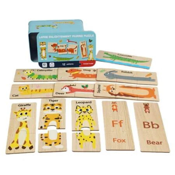 Matching Animal With English Pictures Childrens Large Block Matching Tin Box Puzzle Visualized Knowledge for Boy Girl Ages 3+