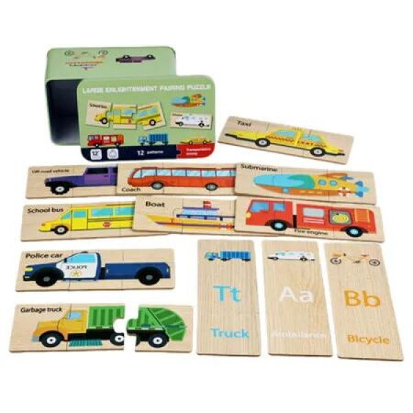Matching Transportation With English Pictures Childrens Large Block Matching Tin Box Puzzle Visualized Knowledge for Boy Girl Ages 3+