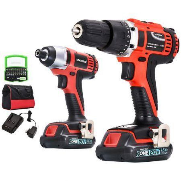 Matrix Power Tools 20V Cordless Drill + Impact Driver Battery Charger Combo Kit