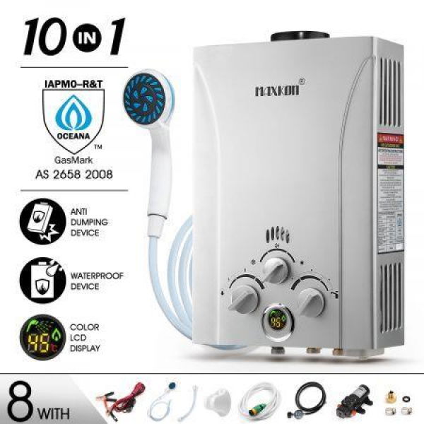 MAXKON 10 In 1 550L/Hr Portable Outdoor Gas LPG Instant Shower Water Heater - Silver