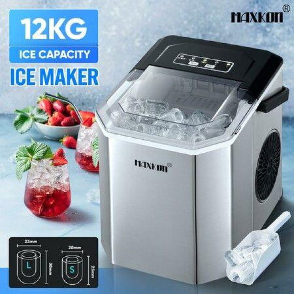 Maxkon 12kg Ice Maker Portable Cube Making Machine Freezer Countertop Home Kitchen Commercial House Appliance Self Cleaning Stainless Steel with Handle