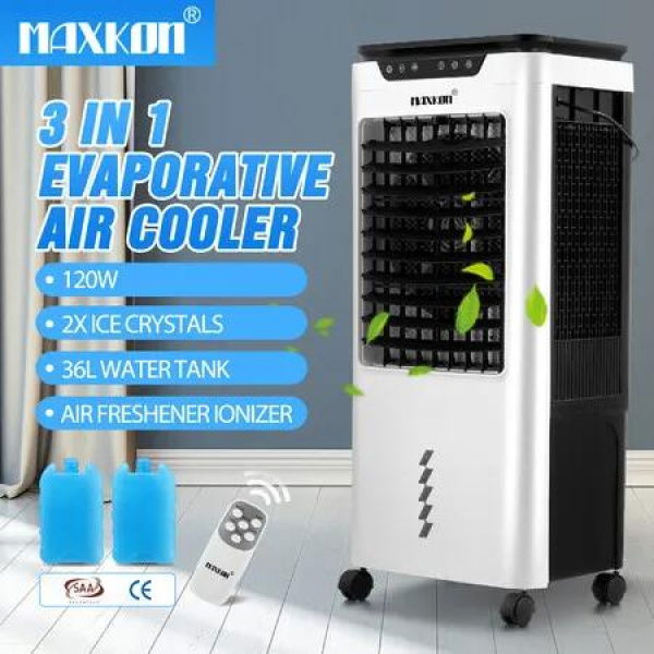 Maxkon 3 In 1 Evaporative Air Cooler Portable Cooling Fan Purifier Humidifier 36L Remote Control Swamp Home Commercial Industrial Ionizer Conditioner