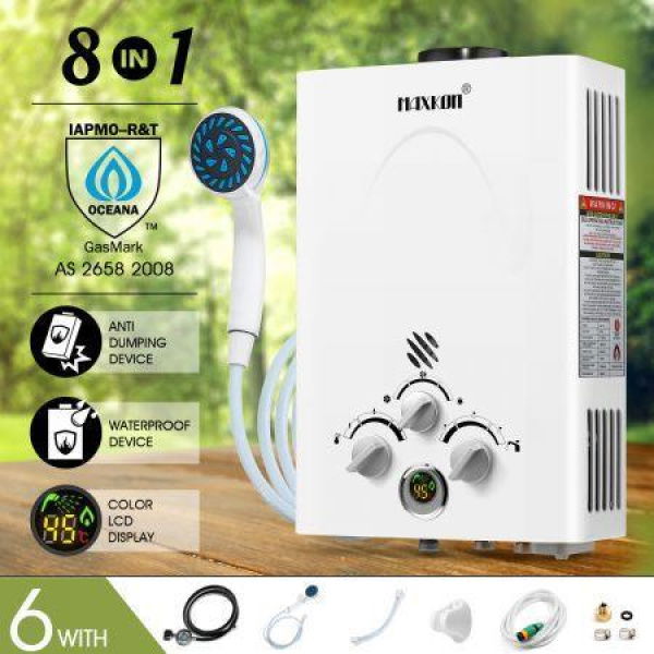 Maxkon 8 In 1 520L/Hr Portable Outdoor Gas Instant Shower Water Heater - White.