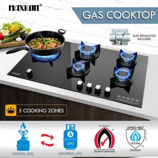 Maxkon 87cm Gas Cooktop 5 Burner Stove Cooker Cook Top Stovetop Kitchen Home Hob LPG NG Glass Surface Metal Knobs Black