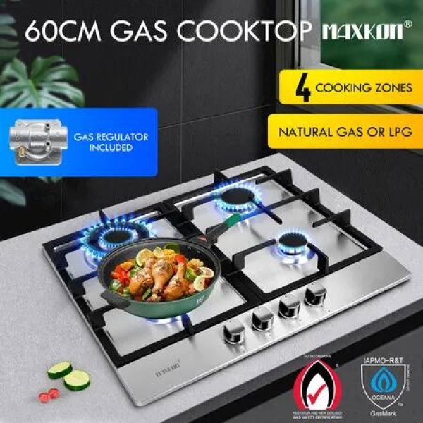 Maxkon Gas Cooktop 60cm 4 Burners Cooker Stove Top Cook Hob Stovetop Stainless Steel Surface NG LPG Auto Pulse Ignition Metal Knobs