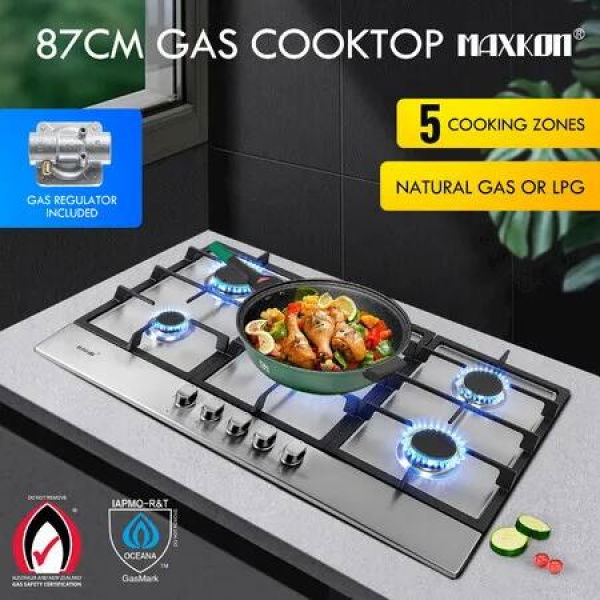 Maxkon Gas Cooktop Stove Top 5 Burner Cooker Stovetop 87cm Kitchen Home Cooking Hob NG LPG Conversion Stainless Steel Surface Metal Knobs Cast Iron