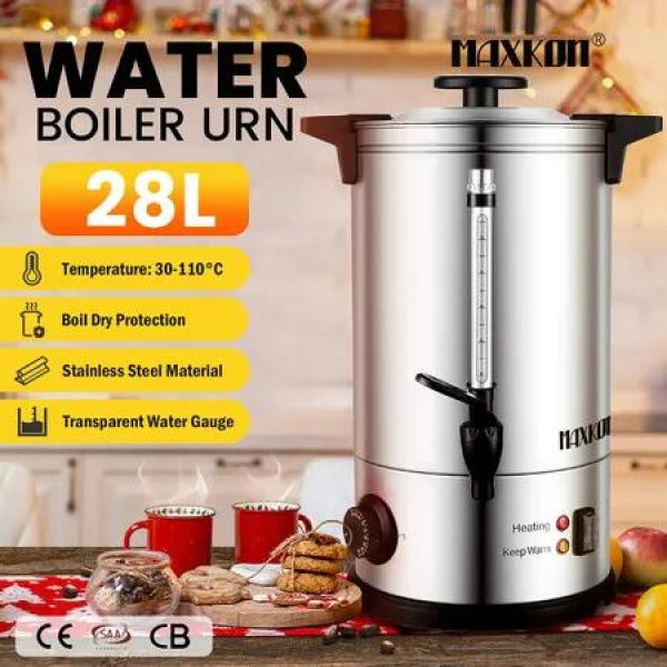 Maxkon Hot Water Urn 28L Electric Instant Beverage Dispenser Tap Tea Coffee Maker Kettle Stainless Steel Commercial Home Heater Boil Dry Protection