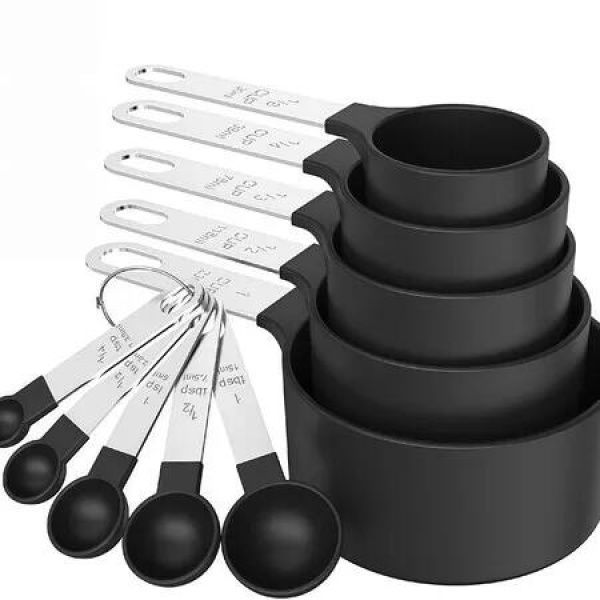 Measuring Cups Spoons Set,Stackable Cups And Spoons,Nesting Measure Cups With Stainless Steel Handle,Kitchen Gadgets For Cooking Baking Color Black