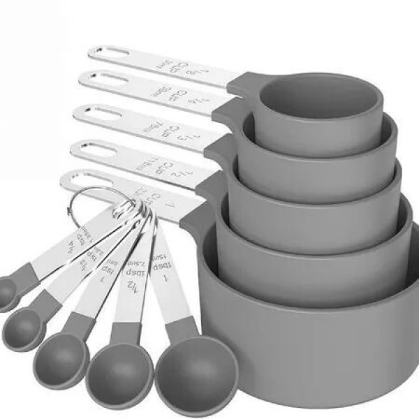 Measuring Cups Spoons Set,Stackable Cups And Spoons,Nesting Measure Cups With Stainless Steel Handle,Kitchen Gadgets For Cooking Baking Color Grey
