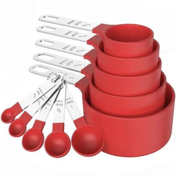 Measuring Cups Spoons Set,Stackable Cups And Spoons,Nesting Measure Cups With Stainless Steel Handle,Kitchen Gadgets For Cooking Baking Color Red