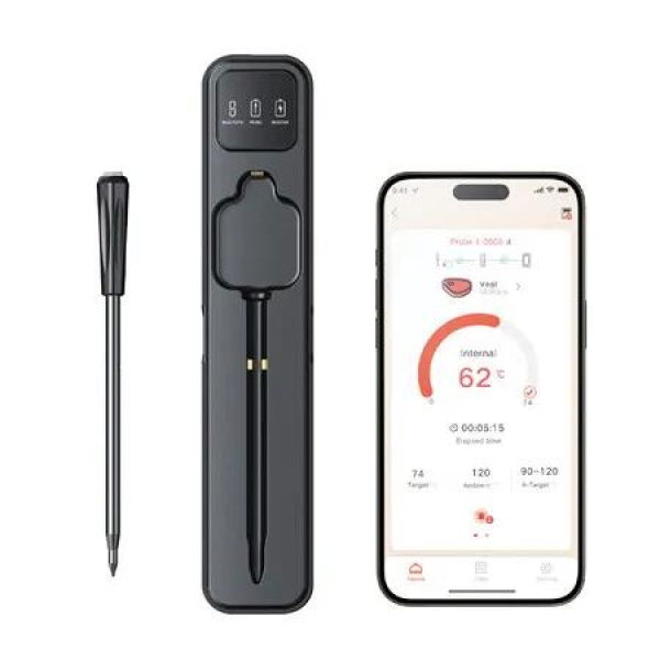 Meat Thermometer, Smart Alarm Meat Thermometer with Timer, IP66 Magnetic 500mAh Meat Thermometer for Roast BBQ Grill Oven