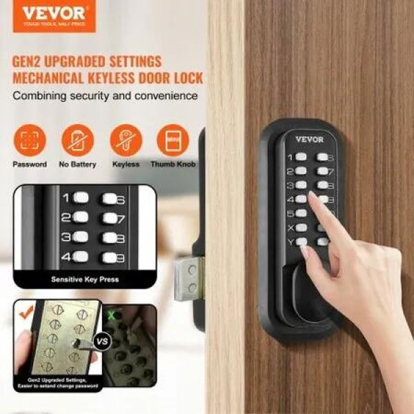 Mechanical Keyless Entry Door Lock, 14 Digit Keypad, Water-proof Zinc Alloy, Outdoor Gate Door Locks Set with Surface-mounted Latch, Keypad and Knob, Easy to Install, for Garden, Garage, Yard