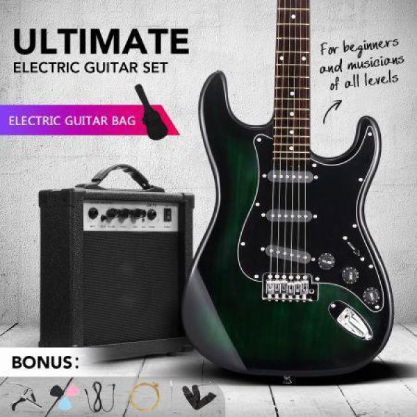 Melodic 39 Inch Electric Guitar With Bonus Amplifier Beginner Full Size Black And Green