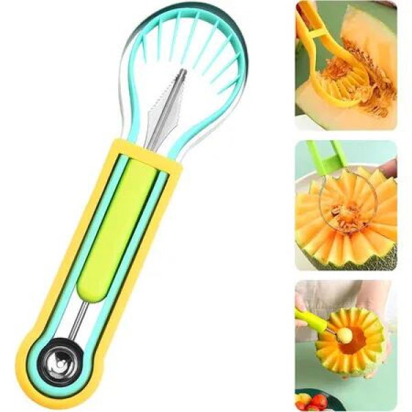 Melon Baller Scoop Set, 4 in 1 Stainless Steel Stainless Steel Fruit Tool Set, Fruit Carving Tools for Dig Pulp Separator (Green)