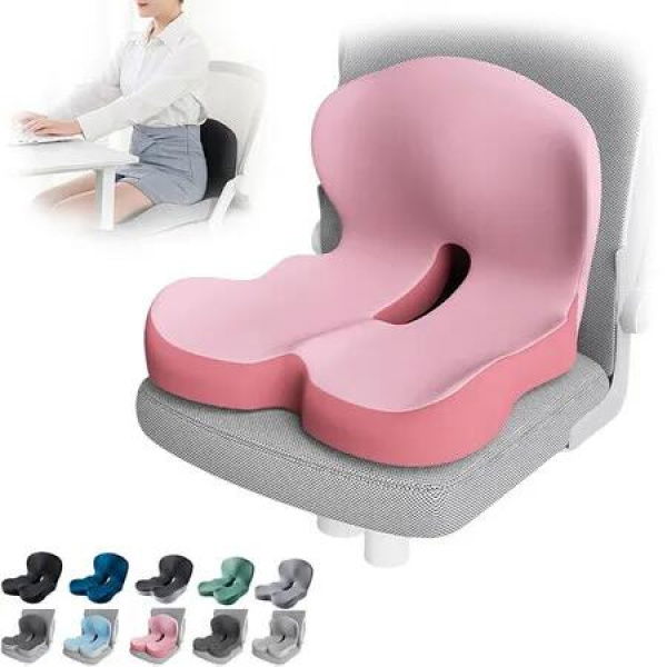 Memory Foam Integrated Seat Cushions, Back and Seat Cushion, Ergonomic Pad Pillow for Lower Back Tailbone Protection Lumbar Support (Pink)