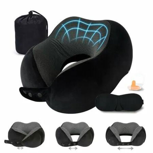 Memory Foam Travel Neck Pillow Adjustable Flight Pillow Portable Plane Accessories with Eye Mask,Earplugs,Carry Bag(Blue)
