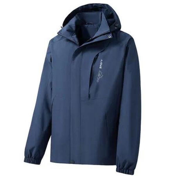 Men Block Hooded Outdoor Single Layer Sport Windbreaker Jacket Color Deep Blue Size 2XL