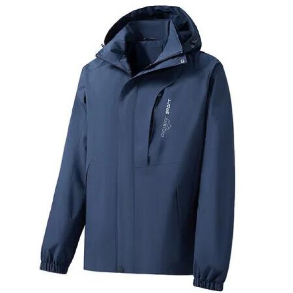 Men Block Hooded Outdoor Single Layer Sport Windbreaker Jacket Color Deep Blue Size 4XL