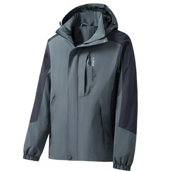 Men Block Hooded Outdoor Single Layer Sport Windbreaker Jacket Color Grey Size 2XL