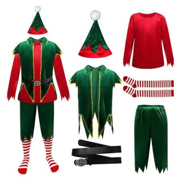 Men Elf Costume Christmas Jacket Belt Pants Xmas Santa Costume Set for Christmas Carnival Party (Size:M)