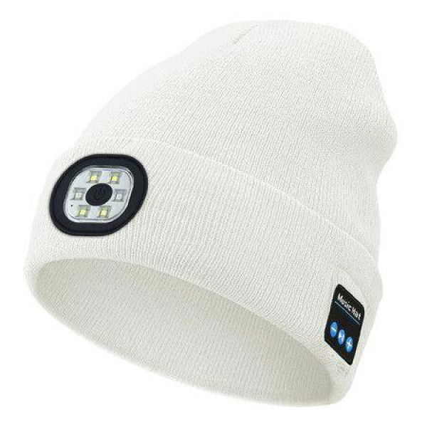 Mens Beanie With Bluetooth And LED 2-in-1 Rechargeable Winter Beanie V5.0 Bluetooth Hat - White.