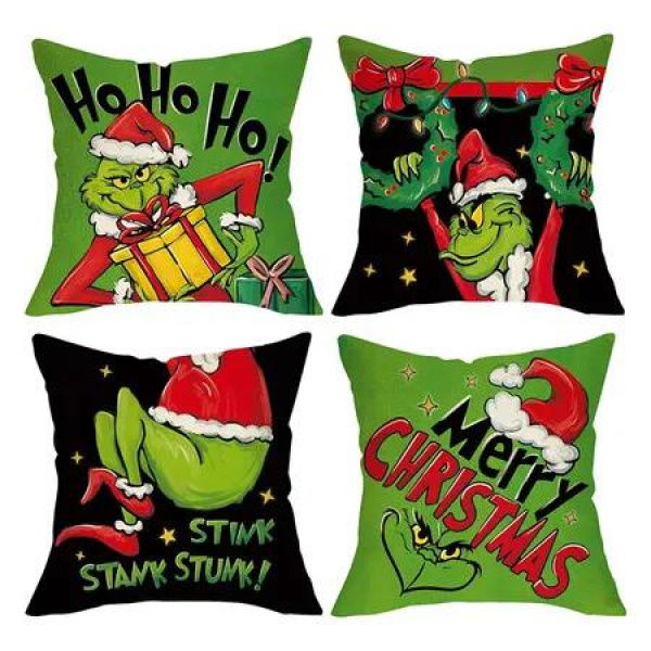 Merry Christmas Decorative Throw Pillow Covers 18x18Inch Set of 4, Hohoho Xmas Gift Wreath Santa Hat Green Black Porch Outdoor Home Decor