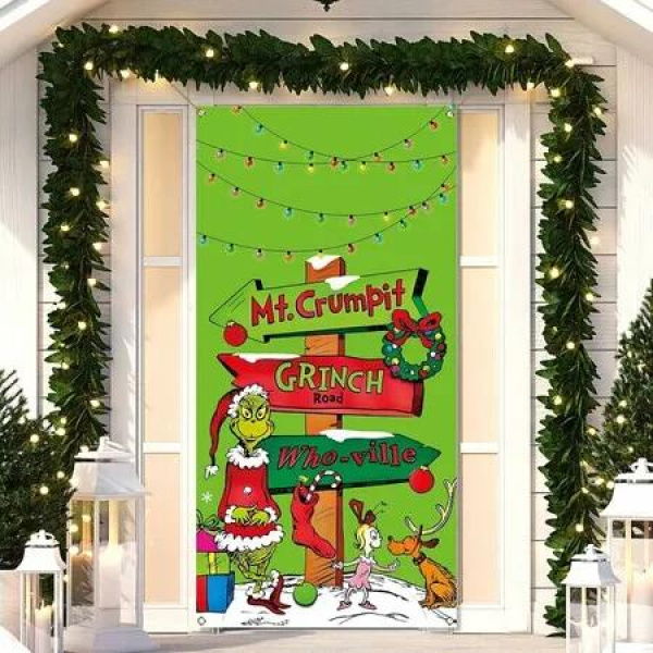 Merry Christmas Door Cover Christmas Green Elf Decoration Winter Holiday Birthday Party Backdrop Door Hanging Banner