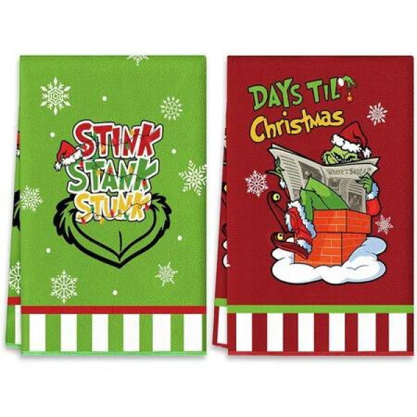 Merry Christmas Kitchen Dish Towel Set of 2, Grinch Christmas Hand Drying Baking Cooking Cloth, Winter Holiday Xmas Decor Home Decorations