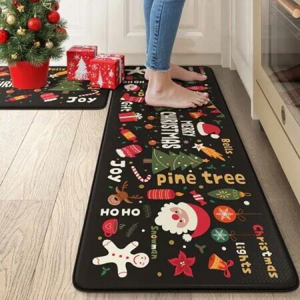 Merry Christmas Kitchen Mats for Floor,Cushioned Anti Fatigue Kitchen Rug Set,2 Piece Non-Skid Waterproof Kitchens Sink Rugs for Laundry Office Desk