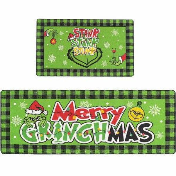 Merry Christmas Kitchen Rugs Kitchen Mat Set of 2, Xmas Red & Green Kitchen Decoration for Floor Washable Runner Rug for Sink, Laundry Room-40*60+40*110cm