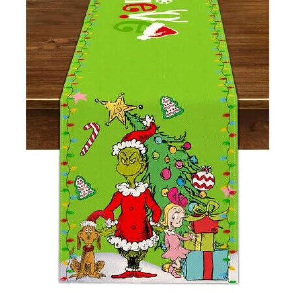 Merry Christmas Table Runner Xmas Winter Holiday Believe Theme Party Decoration Green Elf Home Kitchen Dining Room Decor 33*183CM