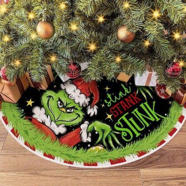 Merry Christmas Tree Skirt Collar 48 Inch Green Soft Farmhouse Xmas Holiday Decoration (Grinch)