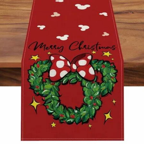 Merry Christmas Wreath Table Runner,Xmas Red Polka Dot Bow Stars Kitchen Dining Table Decor Holiday Farmhouse Home Decoration Indoor Outdoor 40x140 cm